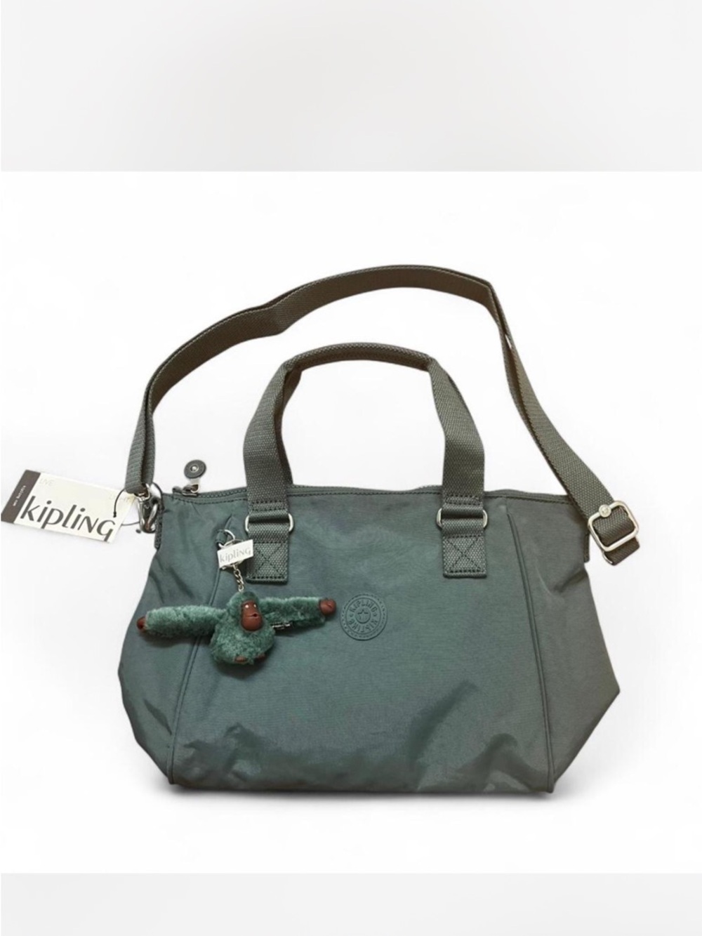 Kipling Olive Green Nylon Shoulder Tote with Monkey Keychain